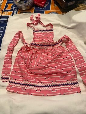 Vintage Child's Full Apron Pink And White With Black Trim